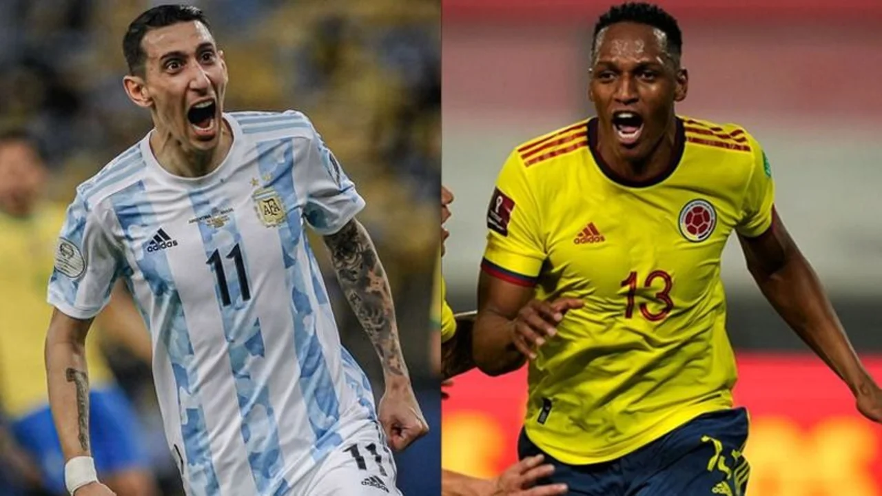 Ángel Di María, en la Selección Argentina vs. Yerry Mina, de Colombia