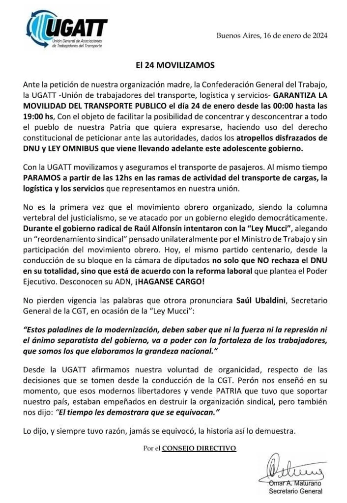 Paro de transporte público del martes 24 de enero