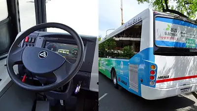 El volante y el exterior del colectivo eléctrico El volante y el exterior del colectivo eléctrico