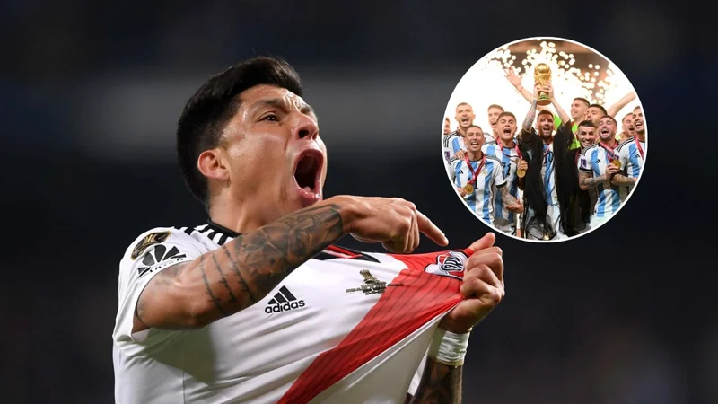 Enzo Pérez y una foto de la Selección Argentina en Qatar 2022.