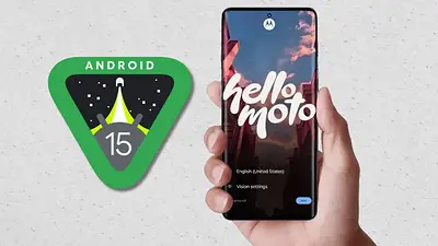 Logo de Android 15 y celular Motorola Logo de Android 15 y celular Motorola