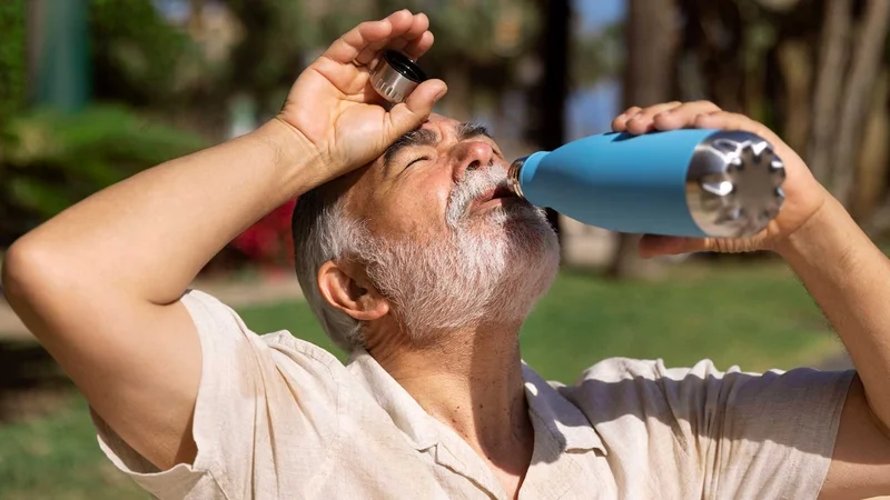 Anciano tomando agua.