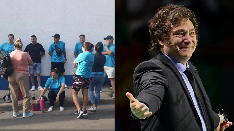 Trabajadores reclamando y Javier Milei