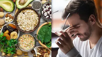 Alimentos con magnesio y un hombre tomándose los ojos. Alimentos con magnesio y un hombre tomándose los ojos.