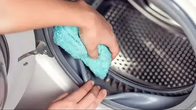 mujer limpiando el lavarropas. mujer limpiando el lavarropas.