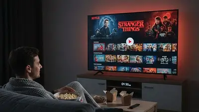Hombre ve menú de Netflix y Stranger Things en la televisión Hombre ve menú de Netflix y Stranger Things en la televisión