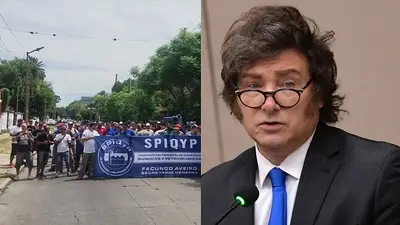 Trabajadores reclamando y Javier Milei Trabajadores reclamando y Javier Milei