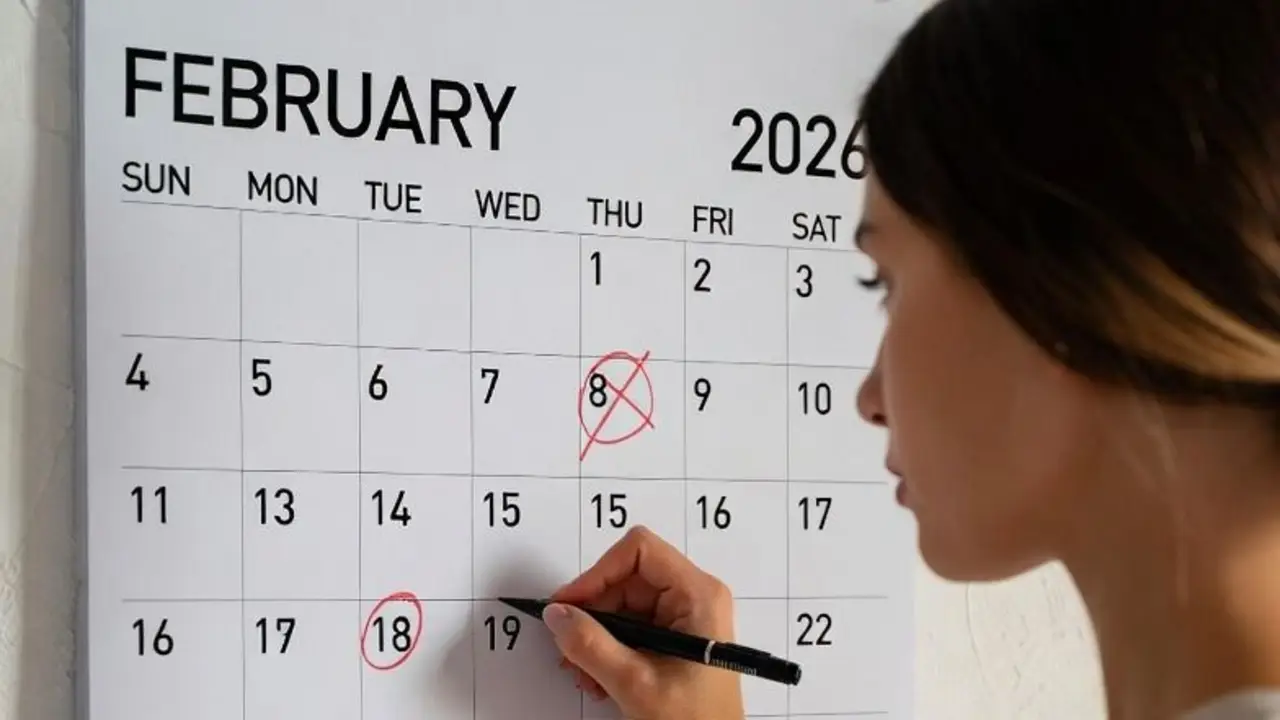 Mujer escribiendo en calendario de febrero 2026.