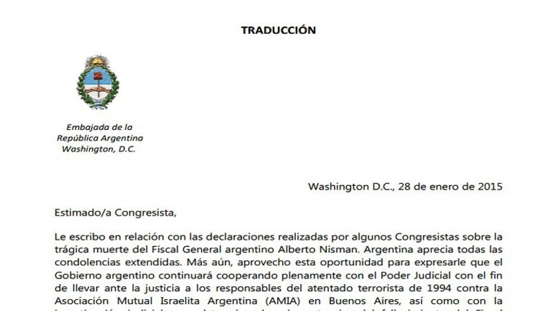 La carta que el gobierno argentino les envió a congresistas de EE.UU.