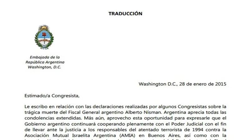 La carta que el gobierno argentino les envió a congresistas de EE.UU.
