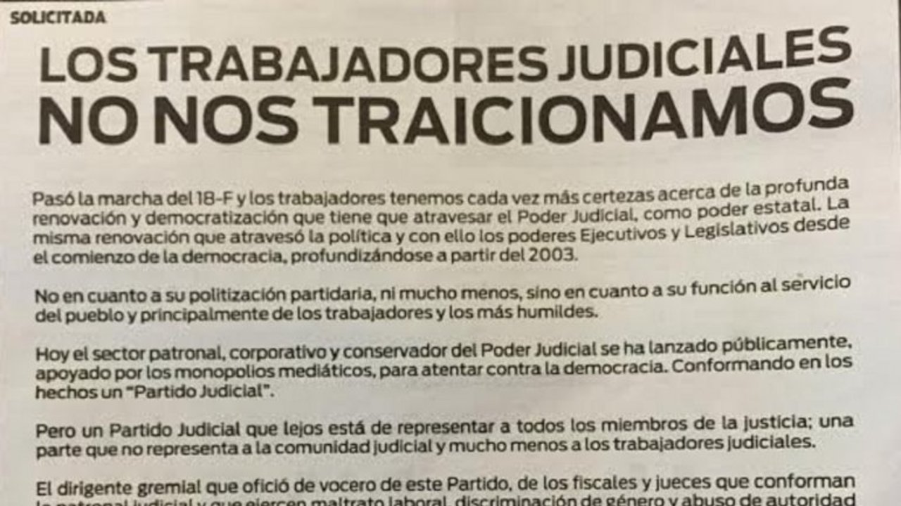 Trabajadores judiciales cuestionaron a colegas del 18F:  "No nos traicionamos"