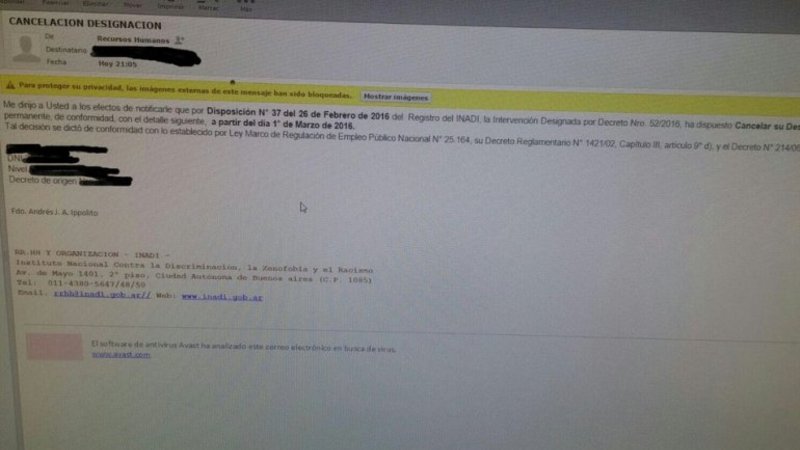 Ola de despidos: echan a empleados del INADI por e-mail