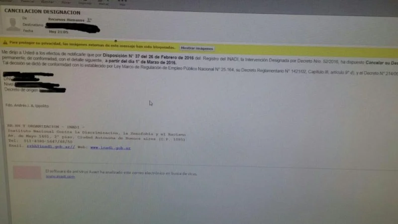 Ola de despidos: echan a empleados del INADI por e-mail