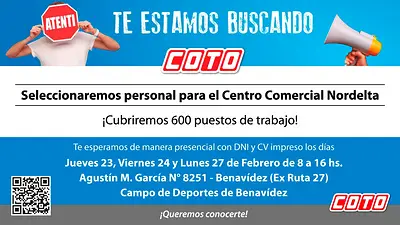 COTO cubrirá 600 puestos de trabajo para su próxima Mega inauguración en Nordelta COTO cubrirá 600 puestos de trabajo para su próxima Mega inauguración en Nordelta
