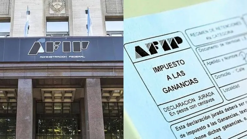 Sede de AFIP y un formulario del Impuesto a las Ganancias