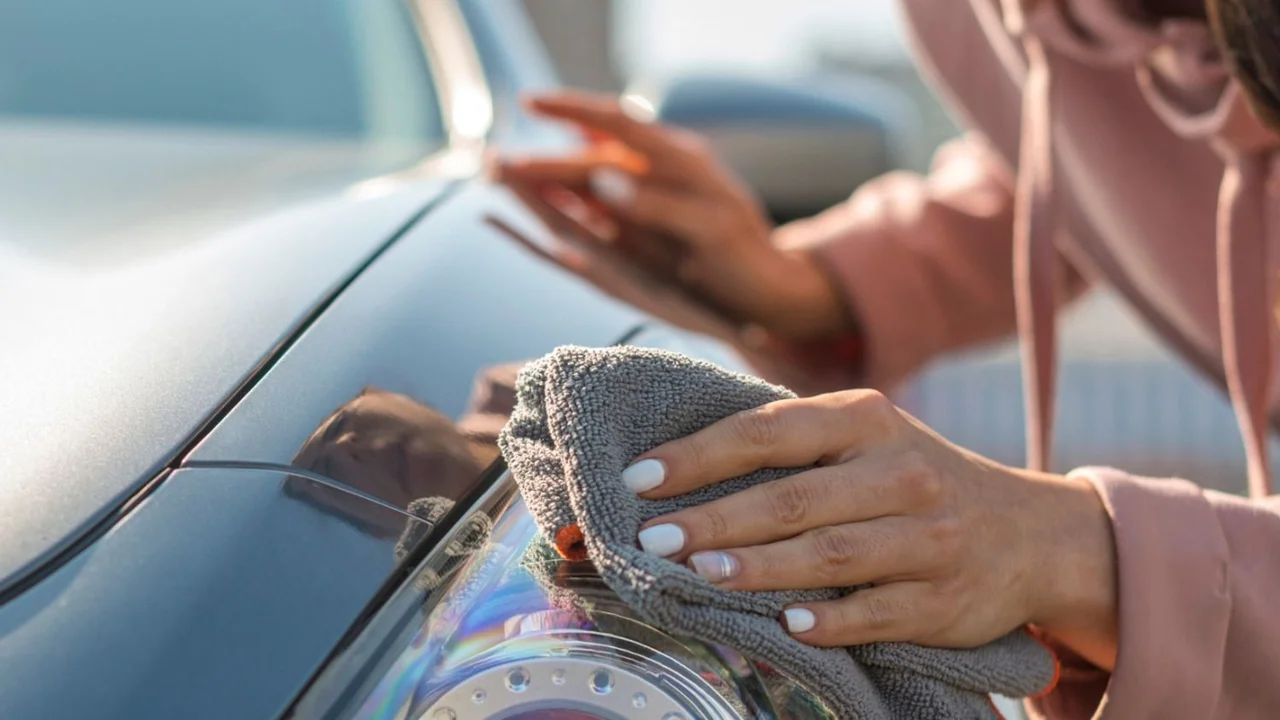 Fotografía de una mujer quitando el rayón de un auto en su propia casa 