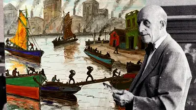 Imagen del pintor Quinquela Martín y una de sus pinturas Imagen del pintor Quinquela Martín y una de sus pinturas