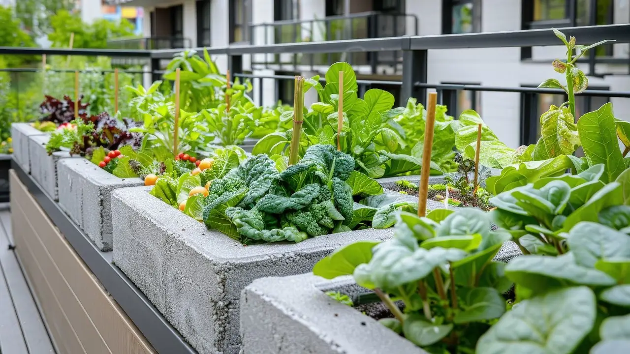 Alt: Vista de un huerto urbano sobre la terraza en una ciudad. Se ven plantas de hojas verdes como lechuga, y tutores de labranza