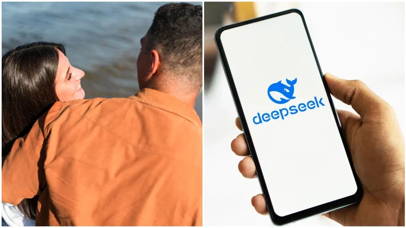 Una pareja y el logo de DeepSeek en un celular