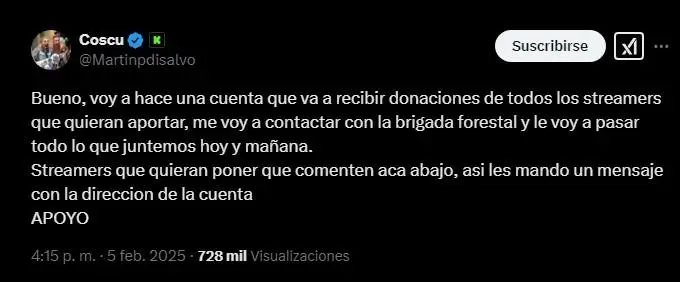 Coscu donó millones para ayudar en los incendios en la Patagonia