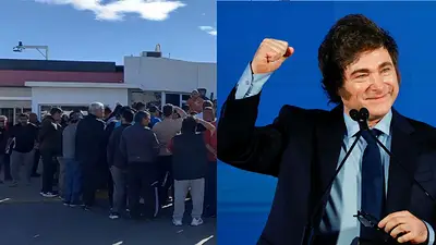 Trabajadores reclamando y Javier Milei Trabajadores reclamando y Javier Milei