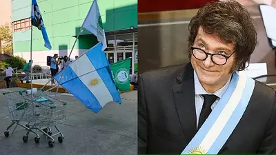 Trabajadores reclamando y Javier Milei Trabajadores reclamando y Javier Milei