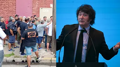 Trabajadores reclamando y Javier Milei Trabajadores reclamando y Javier Milei