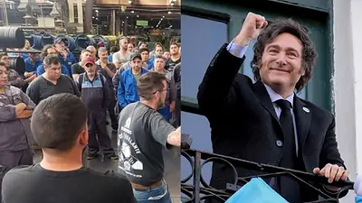Trabajadores reclamando y Javier Milei Trabajadores reclamando y Javier Milei