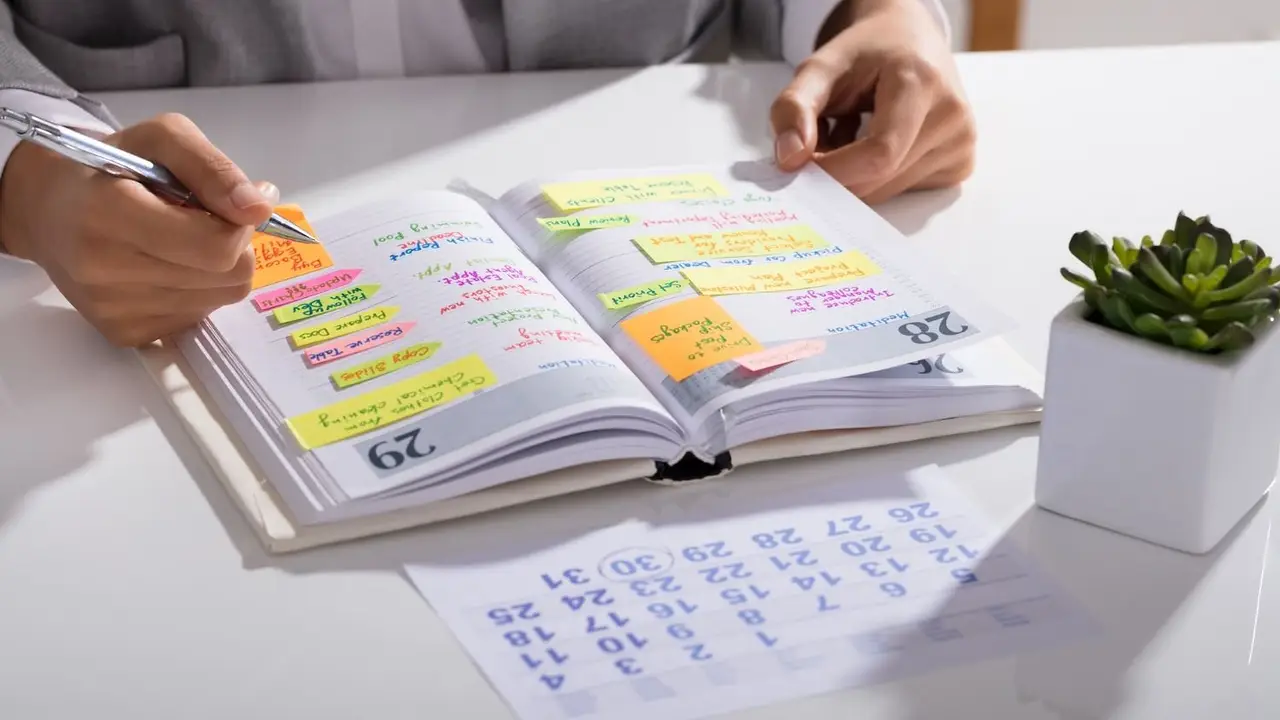Persona organizando agenda con notas adhesivas para planificar el ciclo lectivo 2026