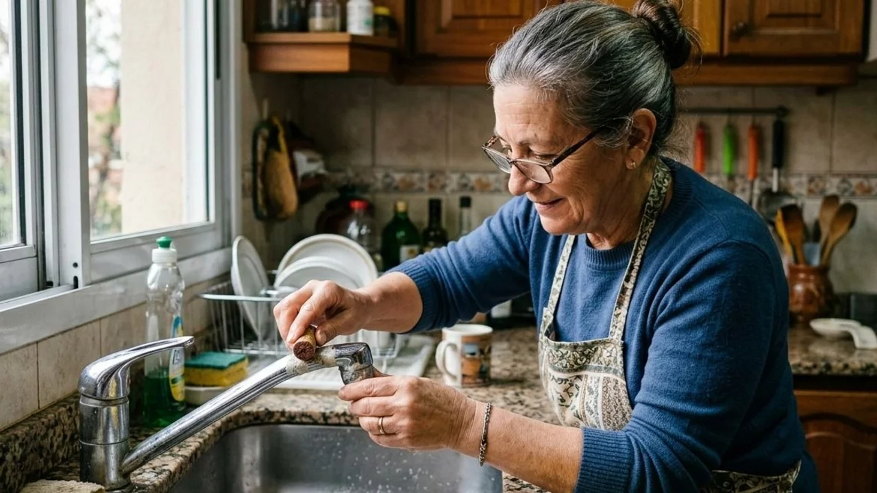 Mujer limpiando una canilla con un corcho.