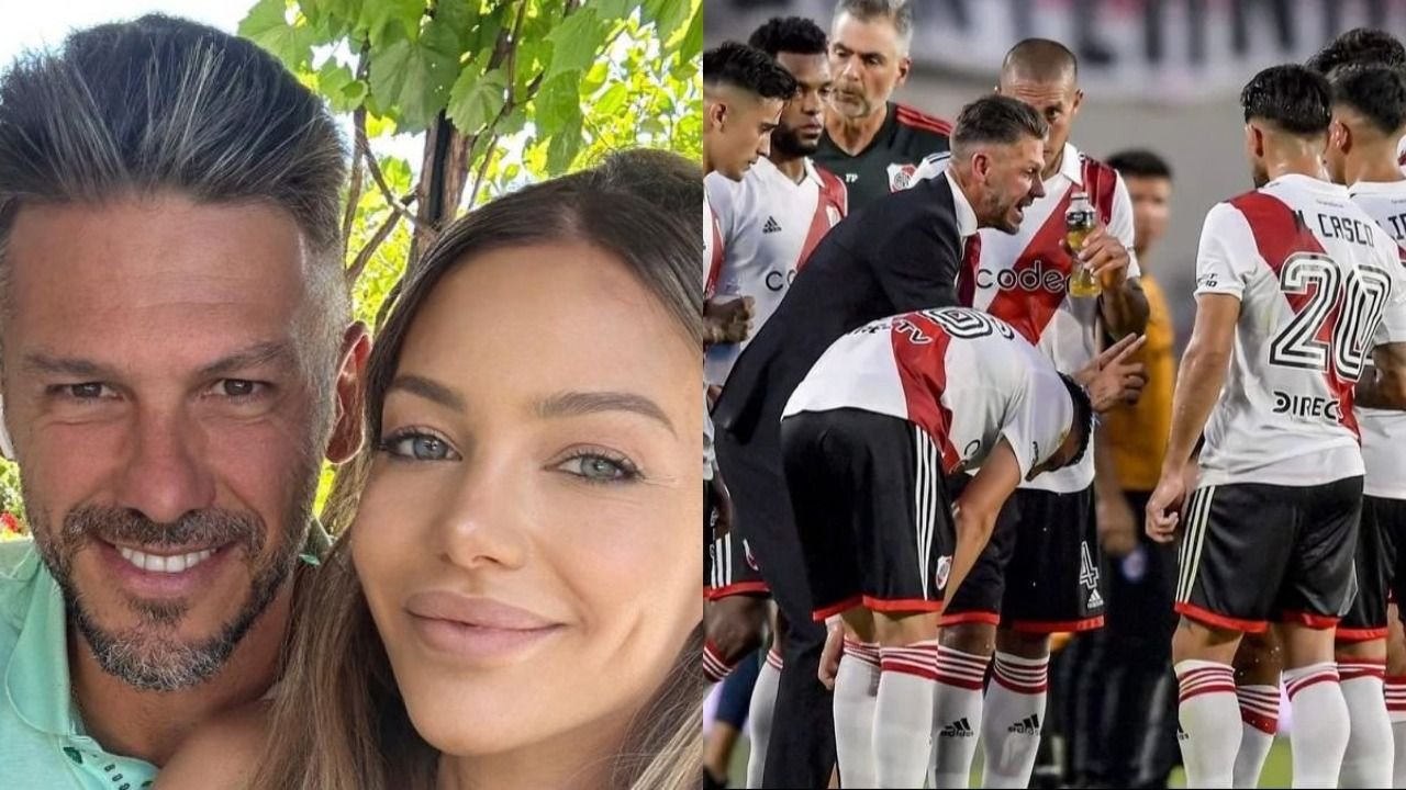 Martín Demichelis con Evangelina Anderson y Demichelis con el plantel de River