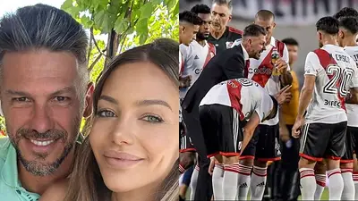 Martín Demichelis con Evangelina Anderson y Demichelis con el plantel de River Martín Demichelis con Evangelina Anderson y Demichelis con el plantel de River