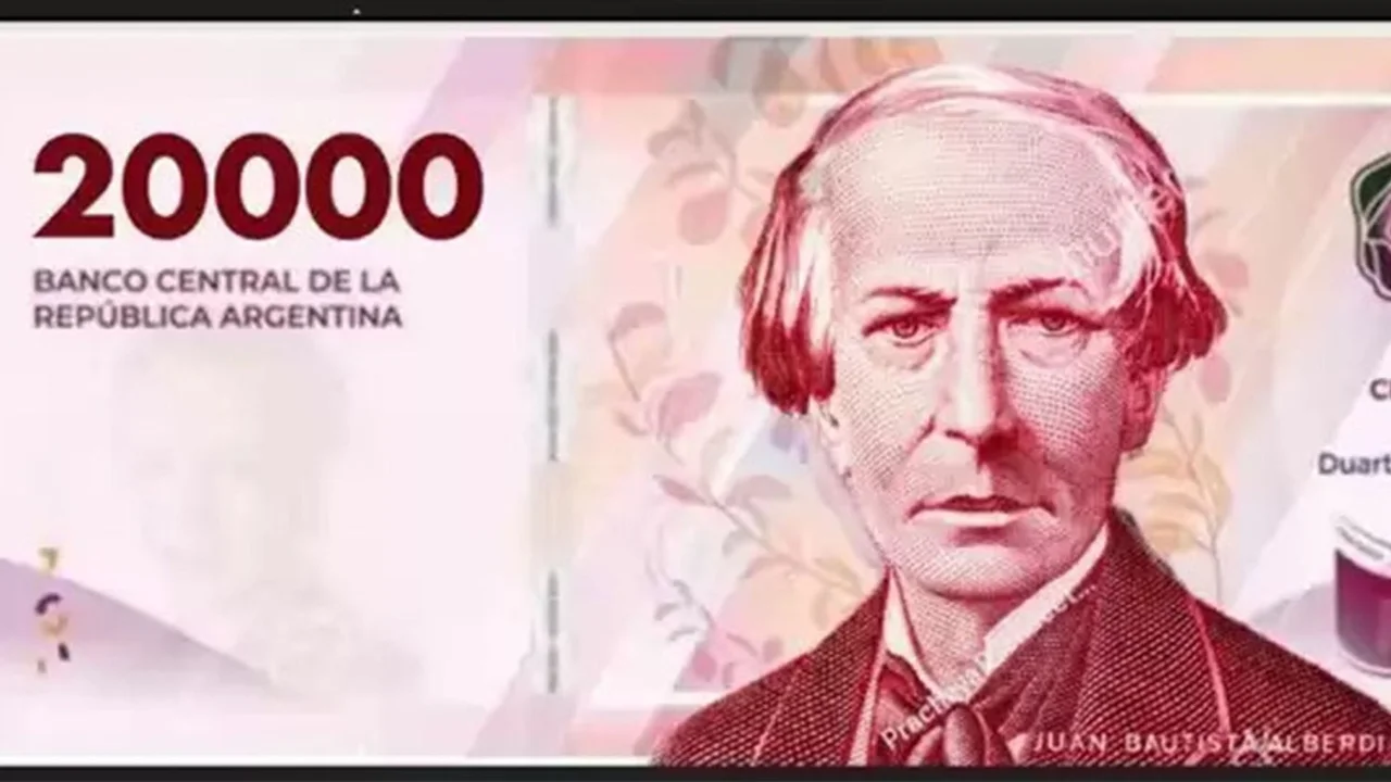 Imagen del billete de $20.000 con Juan Bautista Alberdi
