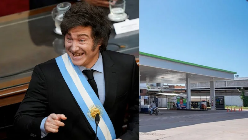 Javier Milei y una estación de servicio