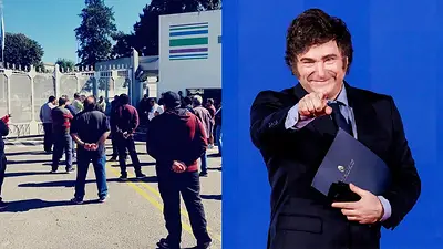 Trabajadores reclamando y Javier Milei Trabajadores reclamando y Javier Milei