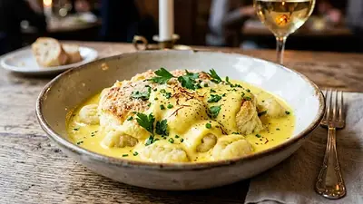 Gnocchi soufflé con crema de azafrán. Gnocchi soufflé con crema de azafrán.