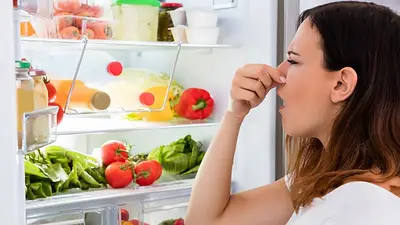 mujer oliendo comida en mal estado. mujer oliendo comida en mal estado.