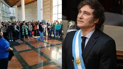 Trabajadores reclamando y Javier Milei Trabajadores reclamando y Javier Milei