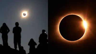 Personas mirando un eclipse solar y un eclipse solar Personas mirando un eclipse solar y un eclipse solar