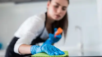 Trabajadora doméstica realizando actividades de limpieza Trabajadora doméstica realizando actividades de limpieza