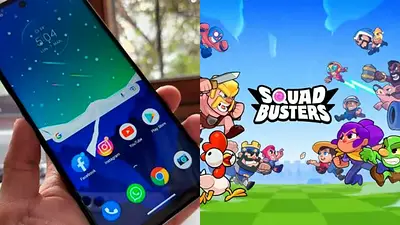 Celular Android y la portada del Squad Busters Celular Android y la portada del Squad Busters