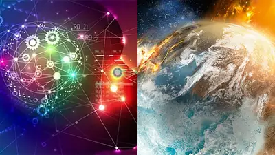 Ilustración de inteligencia artificial y el planeta Tierra destruyéndose Ilustración de inteligencia artificial y el planeta Tierra destruyéndose