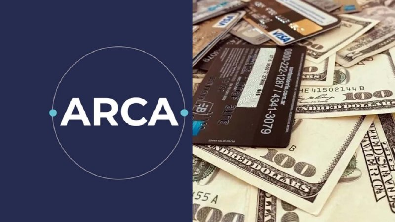 Logo de ARCA y tarjeta de crédito sobre dólares
