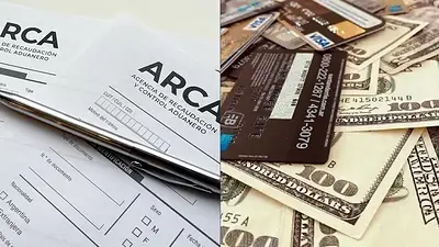 Hojas con el logo de ARCA, tarjetas de crédito y dólares. Hojas con el logo de ARCA, tarjetas de crédito y dólares.