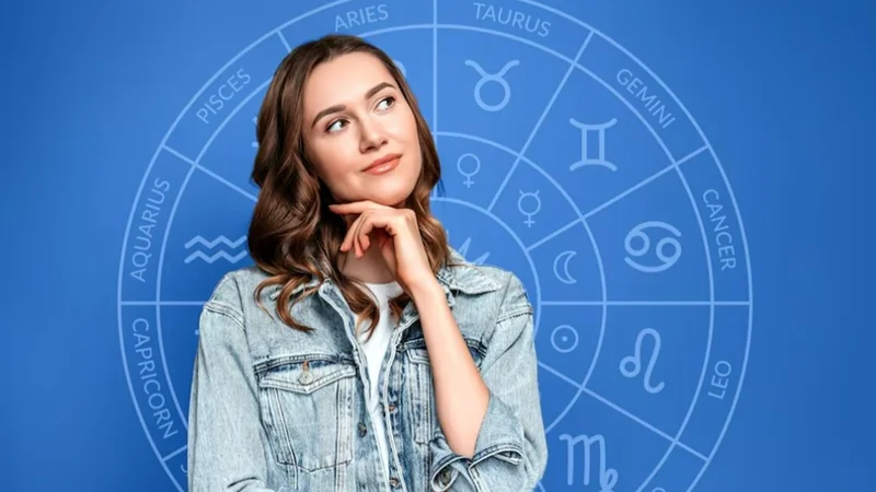 Una mujer con todos los símbolos de los signos del zodiaco de fondo