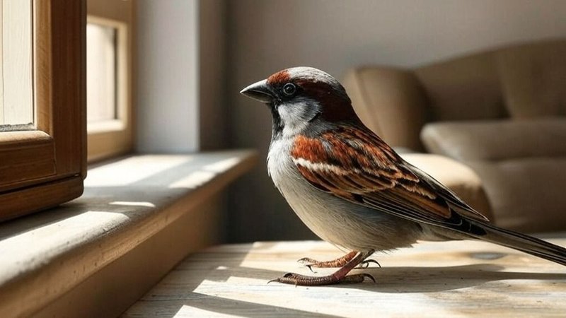 Un pájaro dentro de una casa.