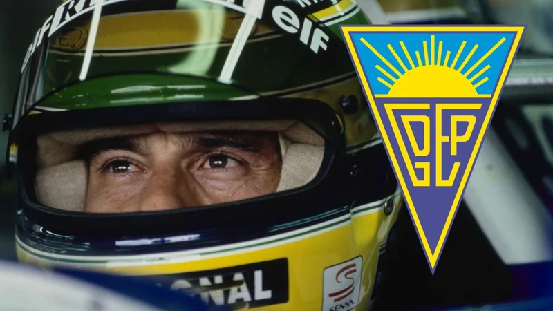Ayrton Senna y el escudo del Estoril Praia.