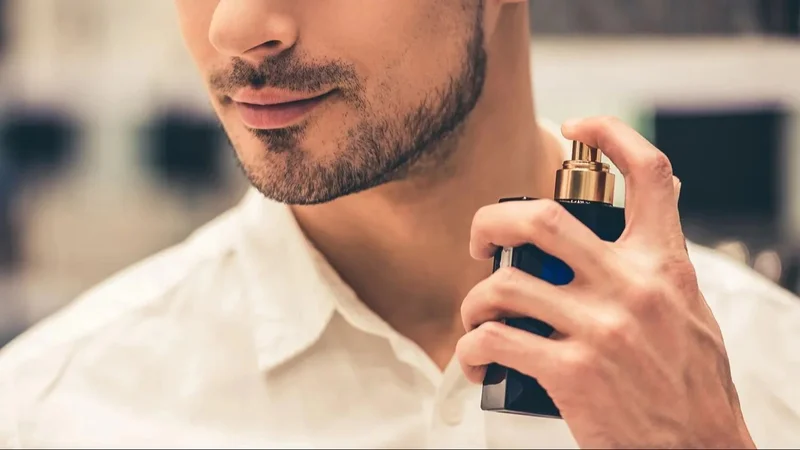 hombre poniendose perfume.