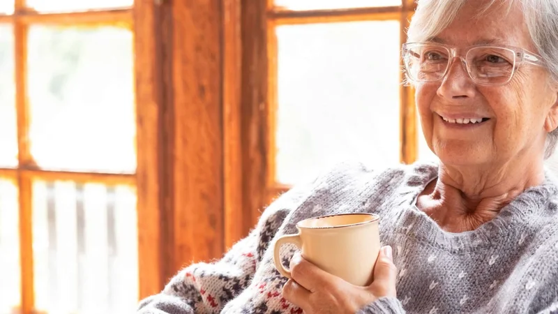 Jubilada tomando un té.