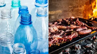 fuego, carne, asado, carbón, botella, plástico fuego, carne, asado, carbón, botella, plástico